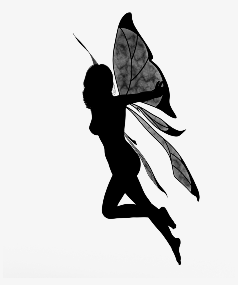 Silhouette of a fairy in mid-flight with detailed translucent wings and a delicate horn, rendered in black and grayscale.