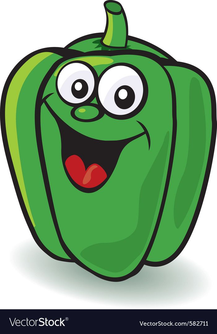 Cheerful cartoon green bell pepper with big eyes and a wide smile, ideal for food, health, or children's content.