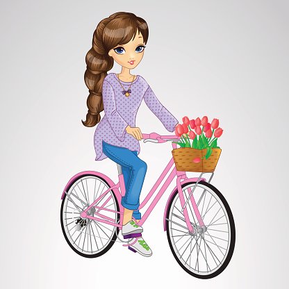 Girl Riding Pink Bicycle with Tulips - Illustration for Spring & Lifestyle Content