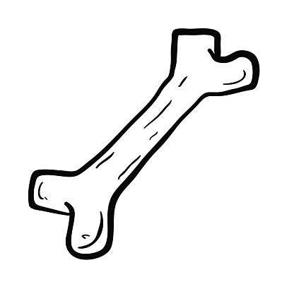 Hand-drawn black-and-white illustration of a stylized dog bone with textured lines and irregular ends.