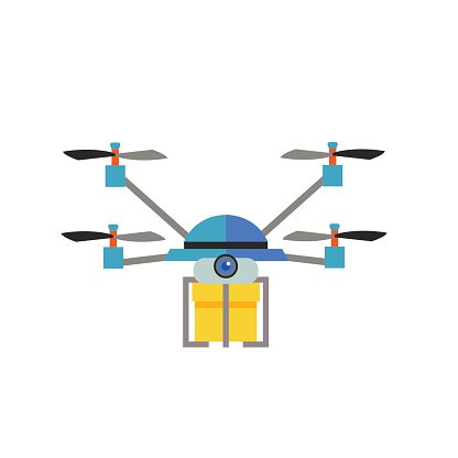 Flat-style delivery drone with yellow cargo box and four propellers, blue and gray body.