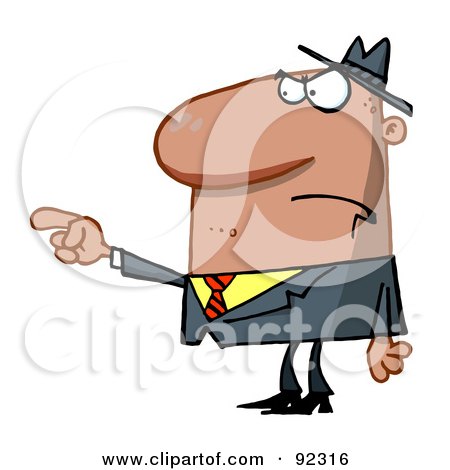 Cartoon businessman in suit and fedora pointing sternly with angry expression.
