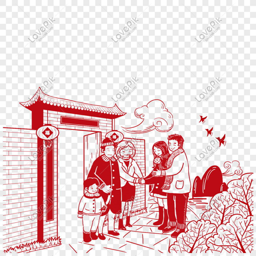 A red-line illustration of a Chinese family greeting guests at a traditional gate with "福" decorations during Lunar New Year.