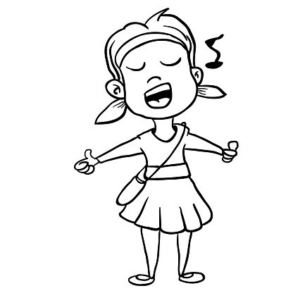 A joyful cartoon girl singing with musical notes, eyes closed and arms outstretched.