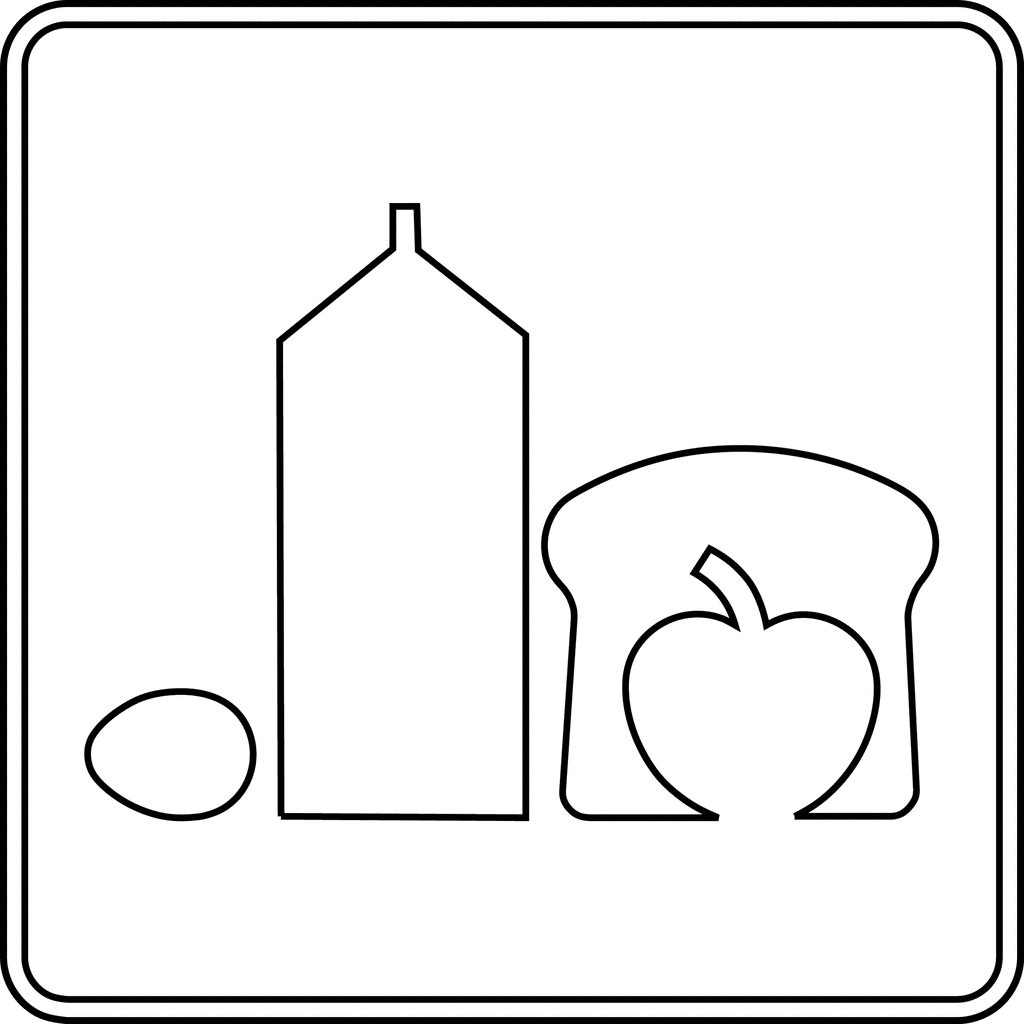 Simple line drawing of an egg, milk carton, slice of bread with an apple inside-representing a balanced breakfast.