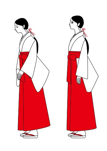 Two line-art illustrations of a Japanese woman in traditional red and white shiromuku wedding attire, shown in profile front and back views.