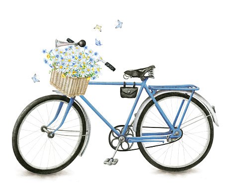 A vintage blue bicycle with a wicker basket full of daisies and fluttering butterflies.