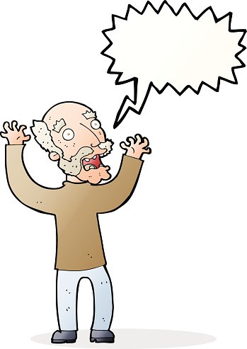 Cartoon elderly man with wild hair and beard, arms raised in shock or panic, empty speech bubble above head.
