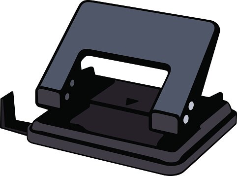 Black two-hole paper puncher illustration with lever and paper guide.