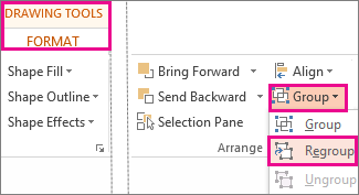 Microsoft PowerPoint Drawing Tools Format tab highlighting Group and Regroup commands in the Arrange section.