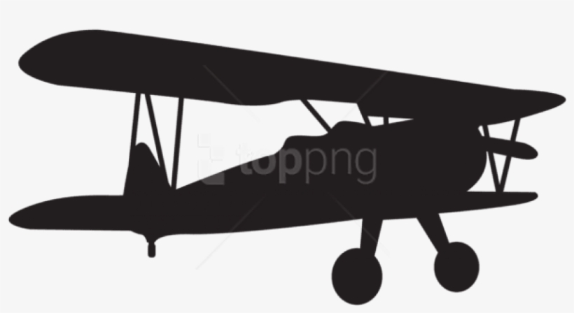 Black silhouette of a classic biplane with dual wings, struts, and fixed landing gear.