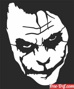 Stylized black-and-white Joker face with exaggerated grin and dark eye sockets, high-contrast graphic design.