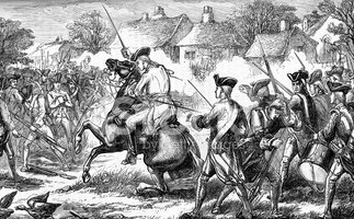 Black-and-white historical engraving depicting a chaotic 18th-century battle with cavalry, musketeers, and smoke near village houses.