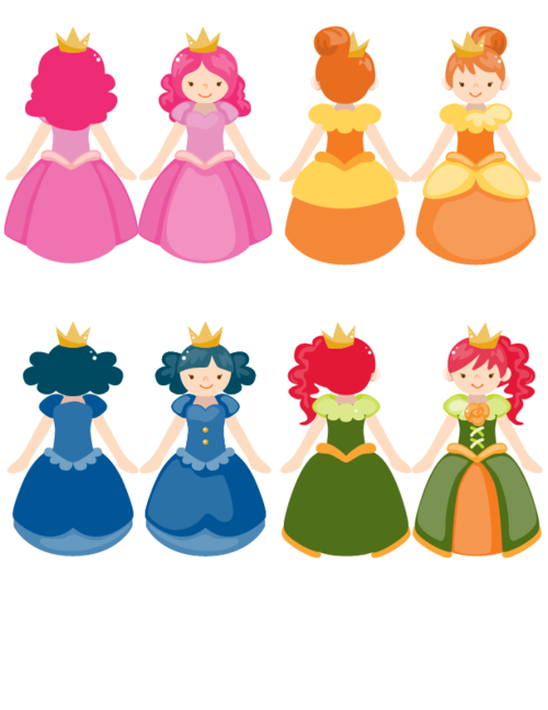 Eight cartoon princesses in colorful gowns and crowns holding hands in two rows.