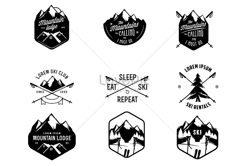 Collection of nine vintage-style black-and-white ski and mountain lodge logos featuring peaks, skis, trees, and slogans like "The Mountains Are Calling".