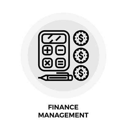 Line icon showing a calculator, pen, and three dollar coins labeled "Finance Management"