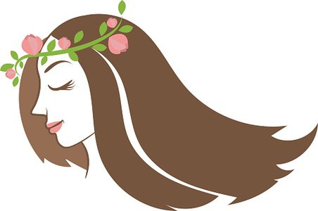 Serene woman with long brown hair wearing a pink floral crown, eyes closed in peaceful profile.