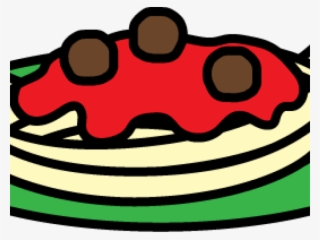Cartoon illustration of spaghetti with red sauce and three meatballs on a green-rimmed plate.