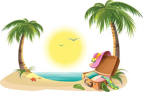 Tropical beach scene with palm trees, open suitcase, sun, and ocean.