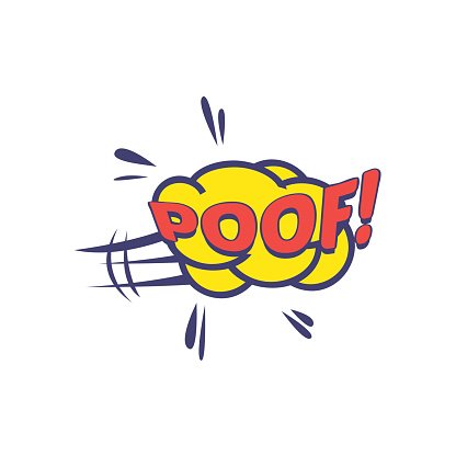 Comic-style "POOF!" explosion graphic in yellow, red, and navy blue with motion lines and splatter effects.