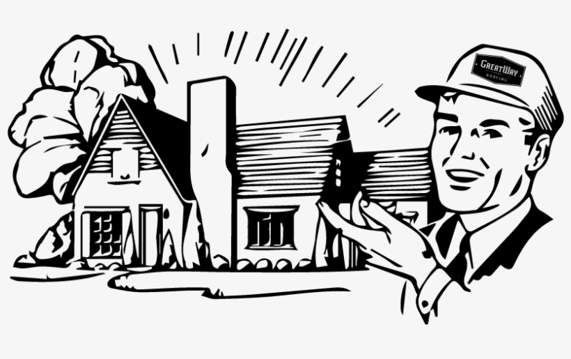 Smiling man in "GreatWay Homes" cap presenting a stylized house illustration with radiant lines and trees.