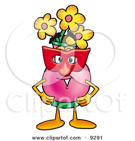 Pink cartoon character wearing red mask and green shorts, holding yellow flowers in a vase on head.