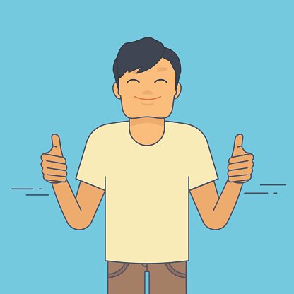 Smiling man in yellow t-shirt giving two thumbs up against blue background.