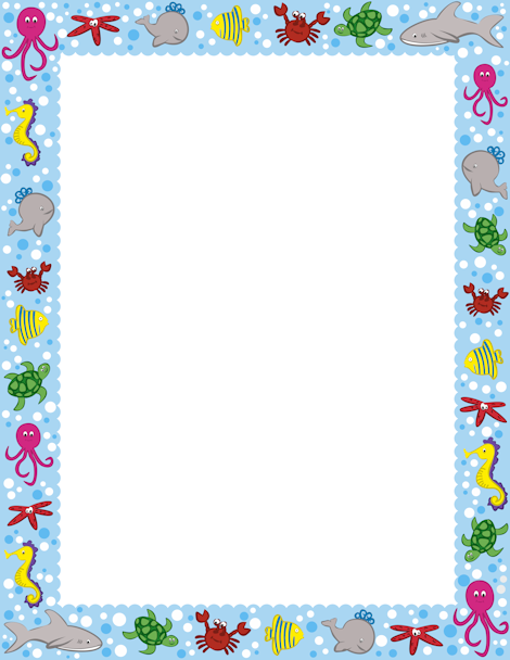 Colorful underwater-themed border with sea creatures like octopus, fish, crab, turtle, and starfish on a blue polka-dot background.