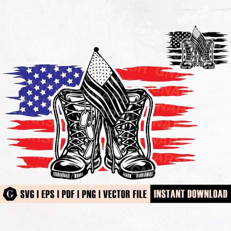 Military combat boots with American flag and dog tags, patriotic vector design for veterans and Memorial Day.