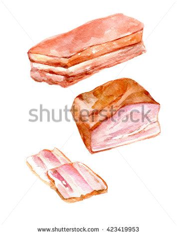 Watercolor illustration of three cuts of bacon-stacked slab, thick slice, and two thin strips-on white background.