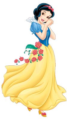Snow White in her iconic blue bodice and yellow skirt, holding a rose with a gentle smile.