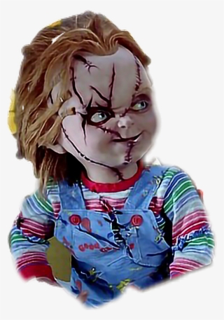 Chucky doll with stitched face, messy hair, striped shirt, and blue overalls, iconic horror character from Child’s Play.