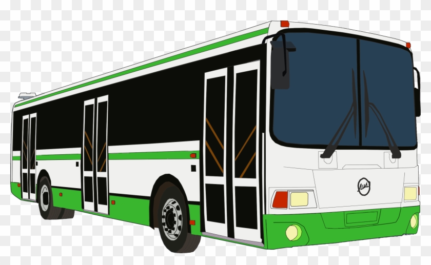 Green and white city transit bus with black windows and dual doors, side-front view on transparent background.