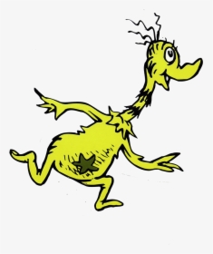A whimsical yellow Dr. Seuss-style creature with spiky hair, a star patch, and expressive eyes running joyfully.