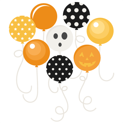 Halloween-themed balloon cluster with ghost, jack-o'-lantern, polka dot, and star patterns in orange, black, and white.