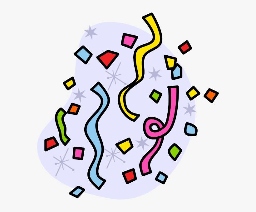 Colorful confetti and streamers swirling in celebration against a light background with starbursts.