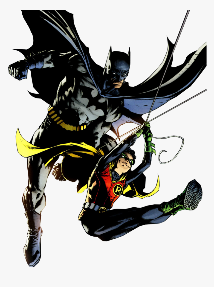 Batman and Robin in dynamic action pose, Batman soaring with cape unfurled while Robin swings on a grappling line below.