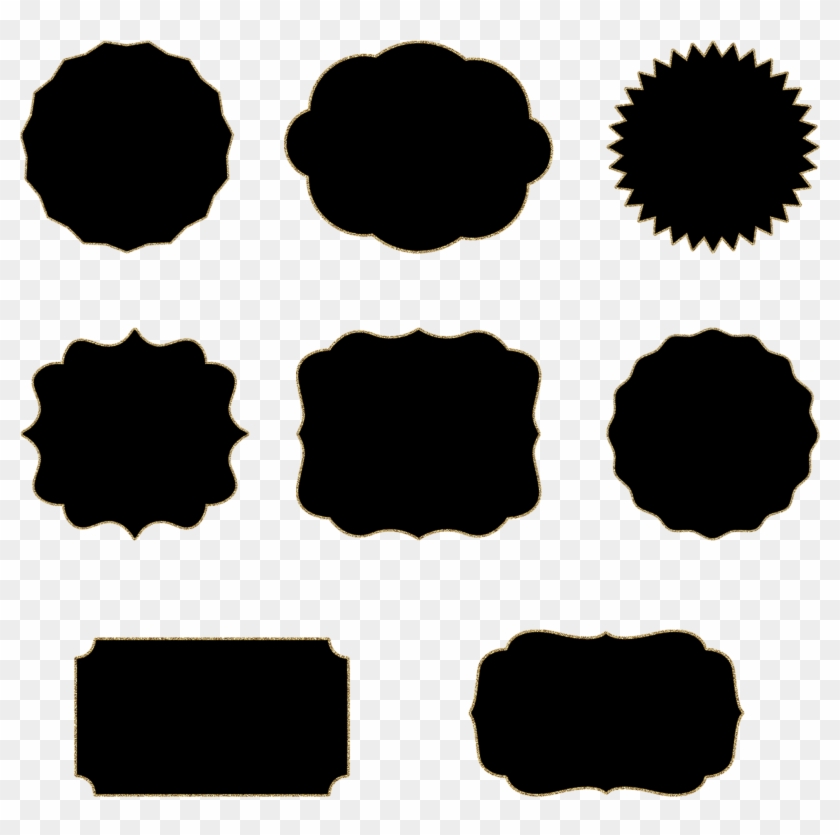 Nine black decorative label silhouettes with ornate borders on transparent background, including round, starburst, and rectangular shapes.