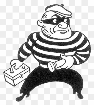 Cartoon thief in striped shirt, mask, and beret holding a toolbox and flashlight.