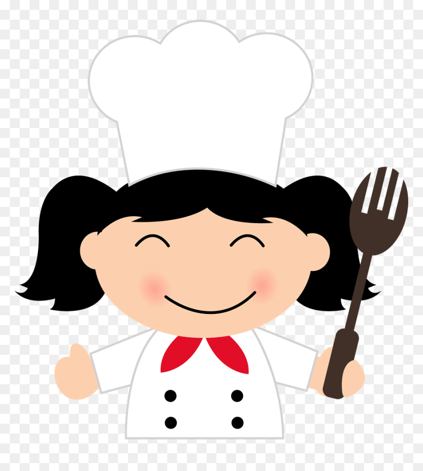 Smiling cartoon girl chef with pigtails, white hat, red neckerchief, holding a fork and giving a thumbs-up.