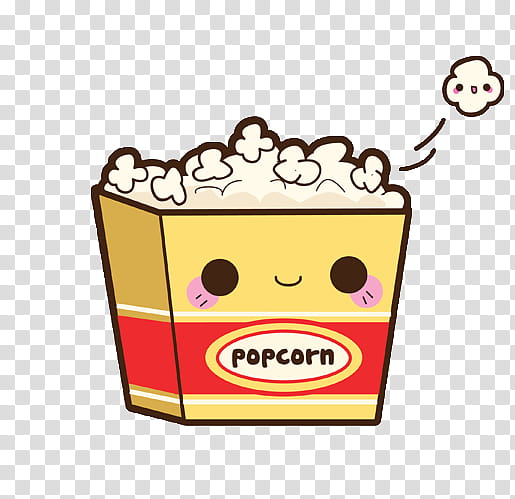 Cute kawaii-style popcorn box with smiling face and floating popcorn kernel.