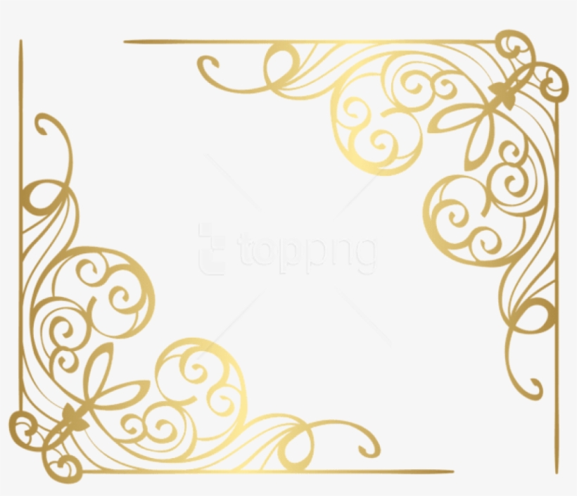Elegant gold ornamental border with floral swirls and filigree details on transparent background.
