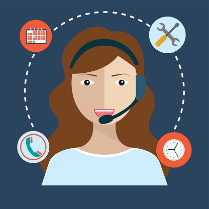 Female customer support agent with headset surrounded by icons for scheduling, tools, phone, and time management.