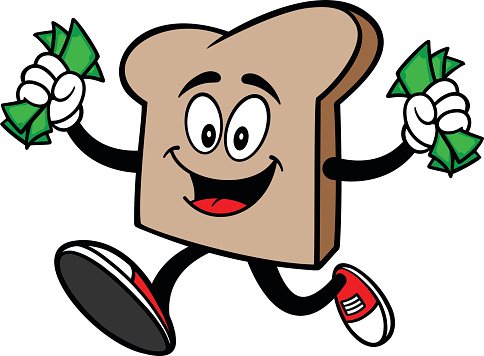 Fun Bread Mascot Holding Money - Free Clipart for Food & Finance Content