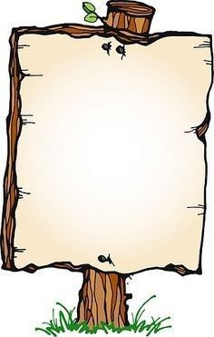 Rustic wooden signboard with blank parchment, mounted on a tree stump with grass and a small barrel on top.
