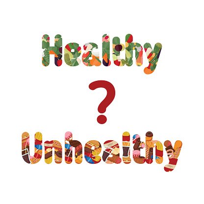 Collage-style text showing "Healthy" with vegetables and "Unhealthy" with junk food, separated by a red question mark.
