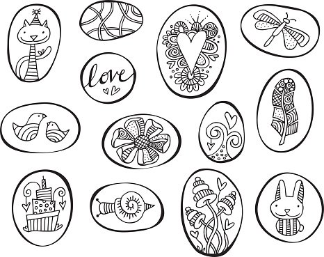 Black-and-white doodle-style Easter eggs with cats, bunnies, birds, hearts, flowers, and festive motifs for coloring or decoration.