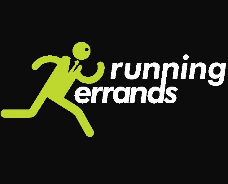 Lime green stick figure running in a suit beside the text "running errands" on black background.