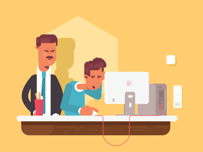 A frustrated manager watches an overwhelmed employee slumped over a computer at a desk.