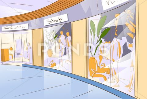 Modern shopping mall corridor with boutique storefronts, mannequins, and decorative plants under warm lighting.